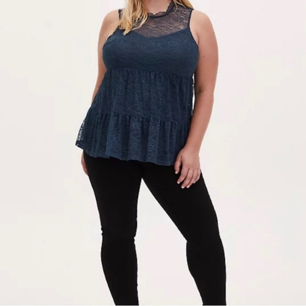 Torrid Navy Lace Mock Neck Shirred Hem Sleeveless Top Size Large